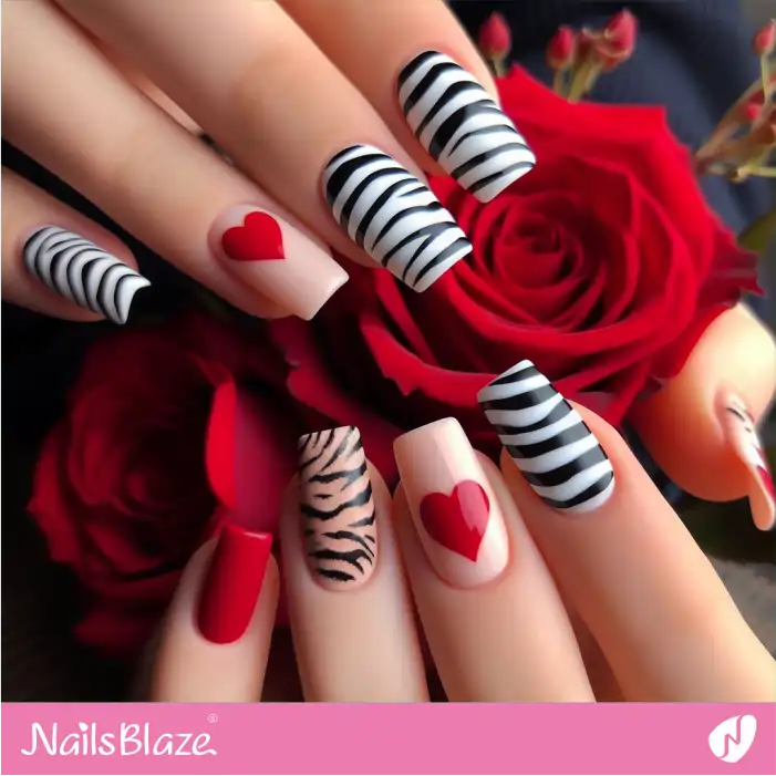 Two-color Zebra Print Valentine Nails | Animal Print Nails - NB2461